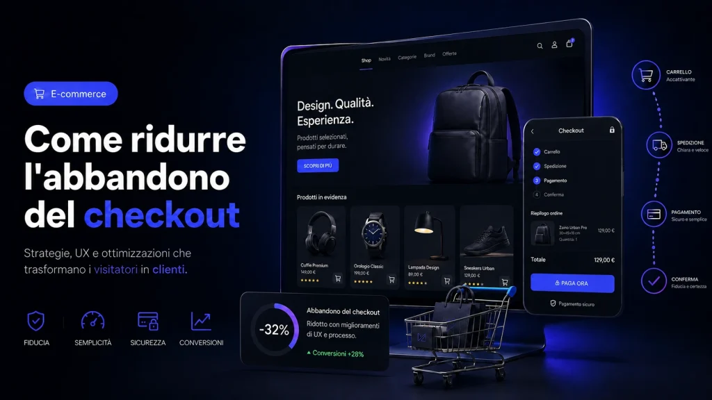 Interfaccia e-commerce con carrello, checkout, pagamento e indicatori di conversione
