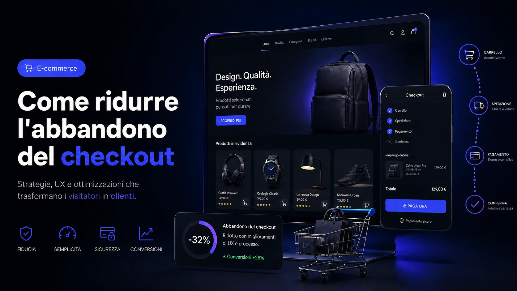 Interfaccia e-commerce con carrello, checkout, pagamento e indicatori di conversione
