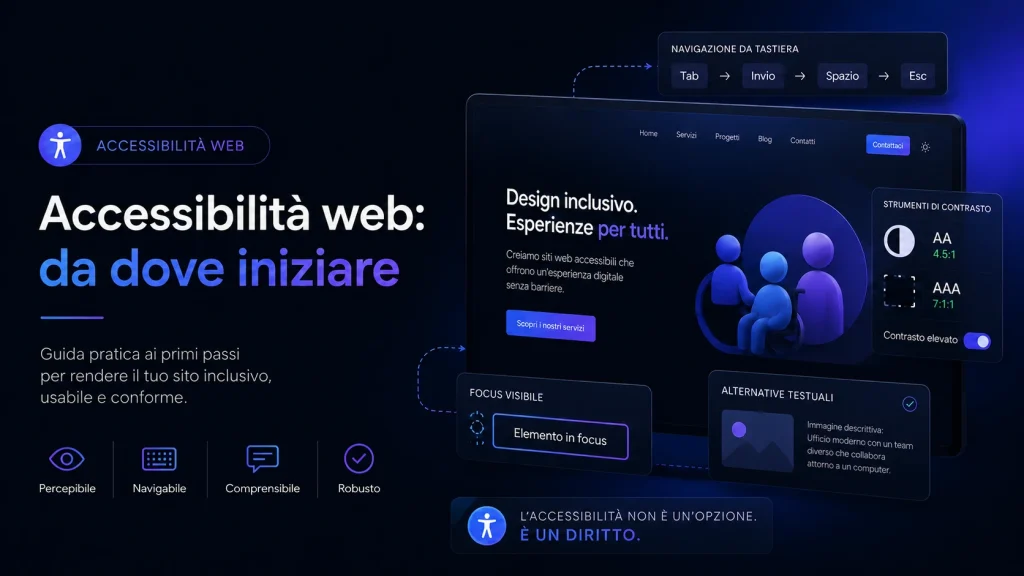 Interfaccia accessibile con navigazione da tastiera, contrasto, focus visibile e alternative testuali