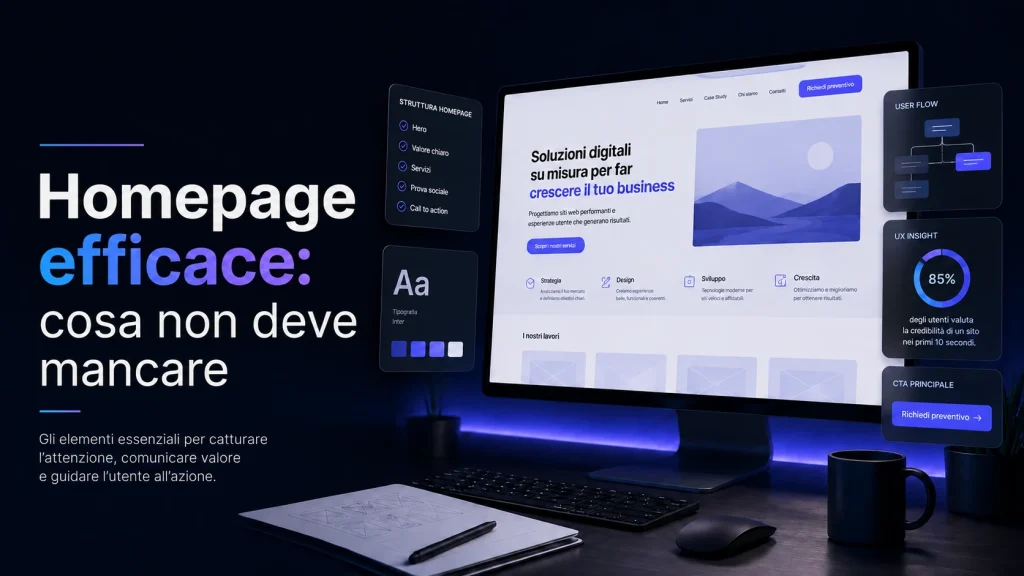 Interfaccia web professionale con struttura della homepage, gerarchie visive e percorso utente