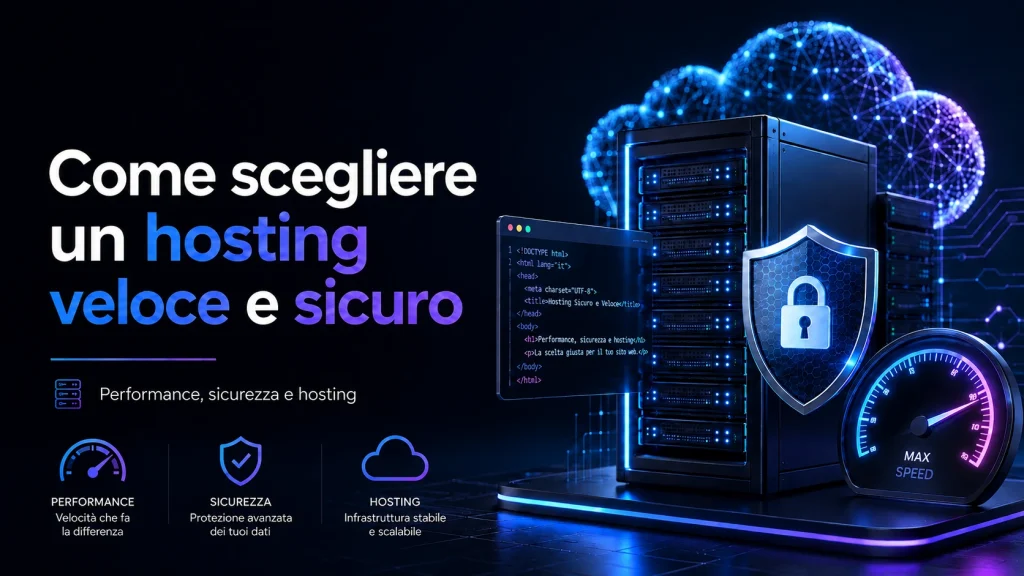 Server e infrastruttura cloud con elementi dedicati a sicurezza, velocità e affidabilità
