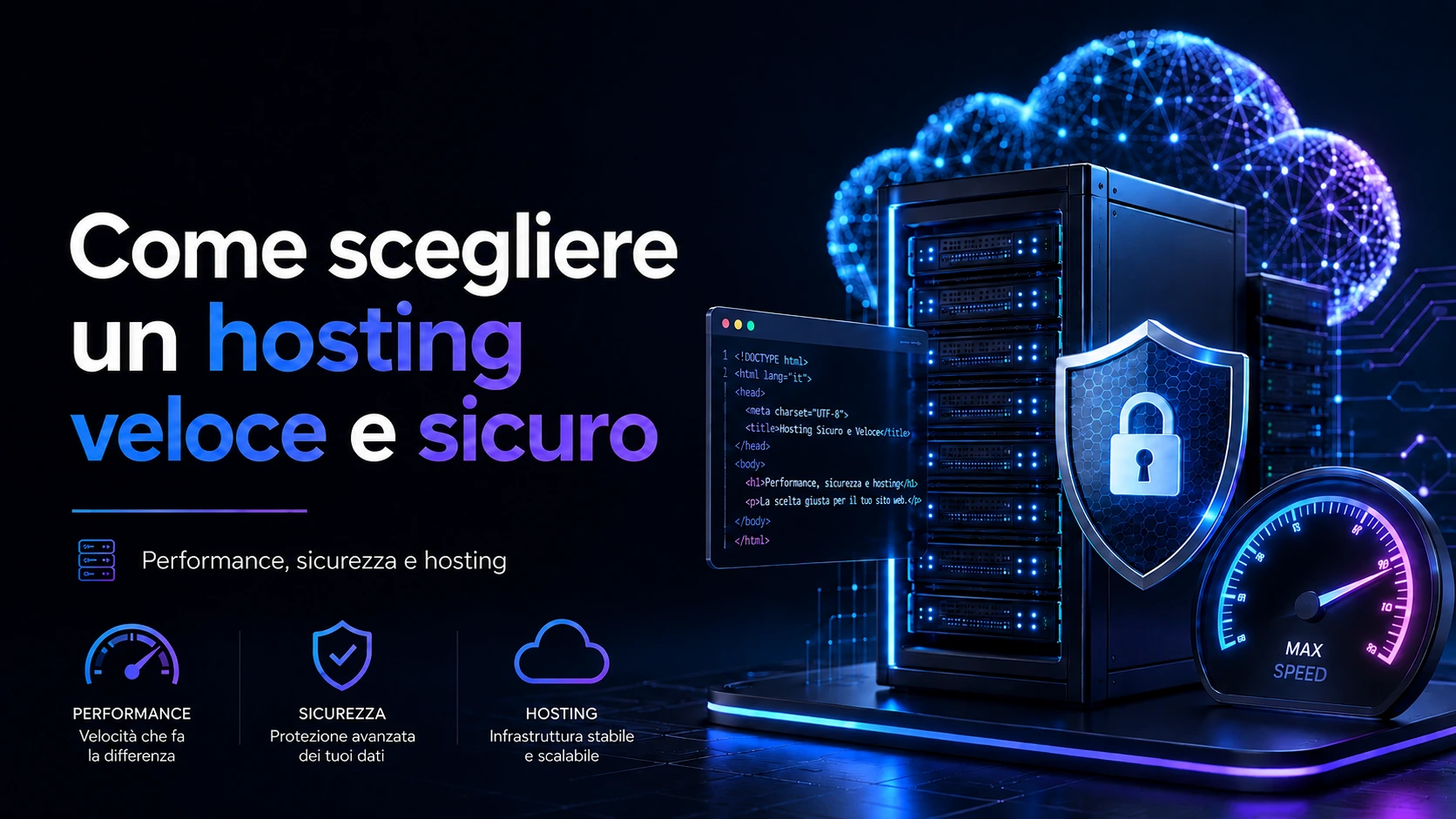 Server e infrastruttura cloud con elementi dedicati a sicurezza, velocità e affidabilità