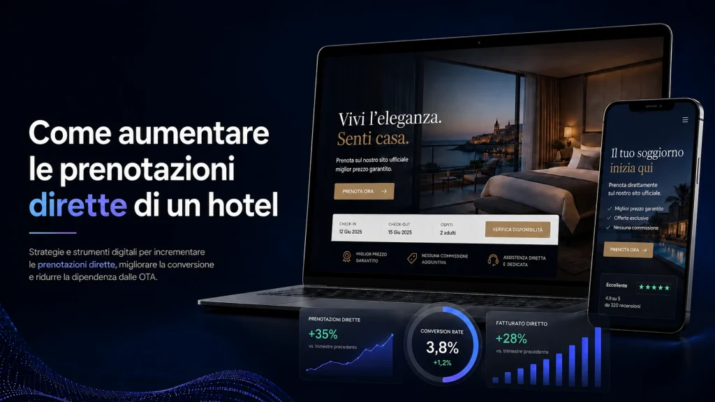Sito di un hotel con sistema di prenotazione diretta, versione mobile e indicatori di conversione