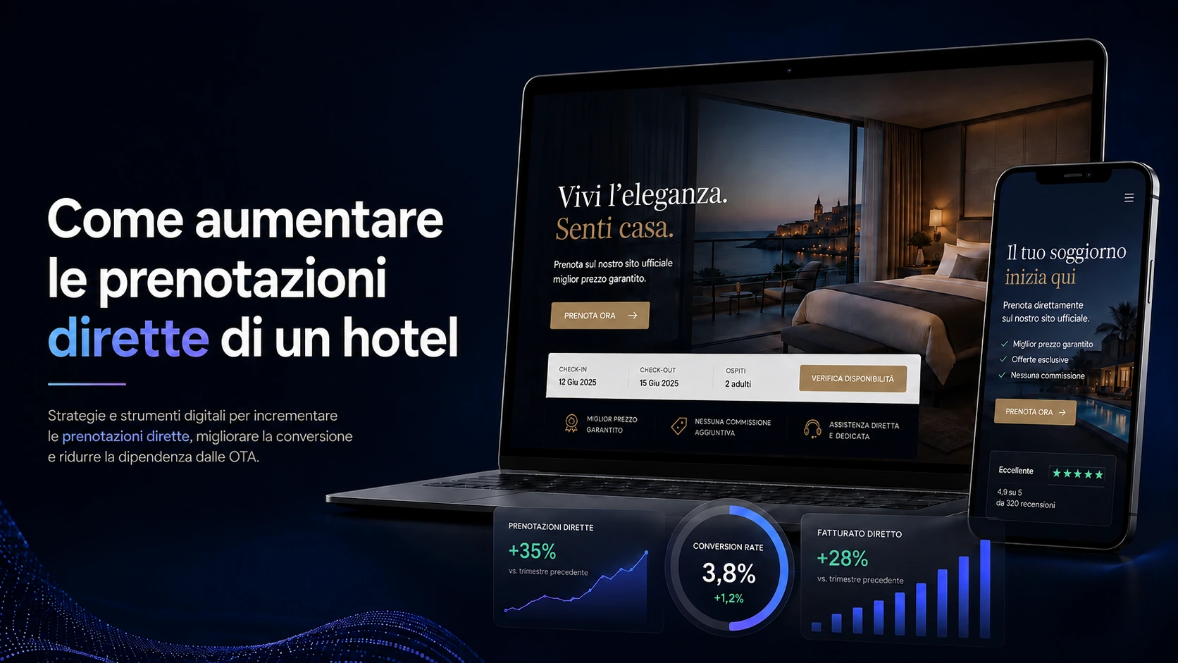 Sito di un hotel con sistema di prenotazione diretta, versione mobile e indicatori di conversione