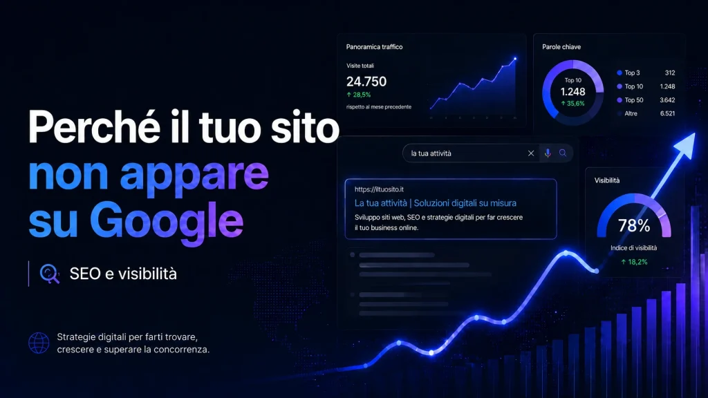 Dashboard SEO con risultati di ricerca, andamento della visibilità e dati sulle parole chiave