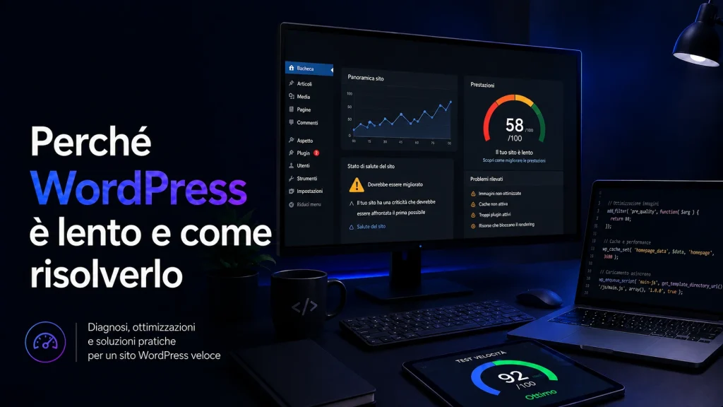 Postazione di sviluppo con dashboard WordPress, codice e indicatori delle prestazioni del sito